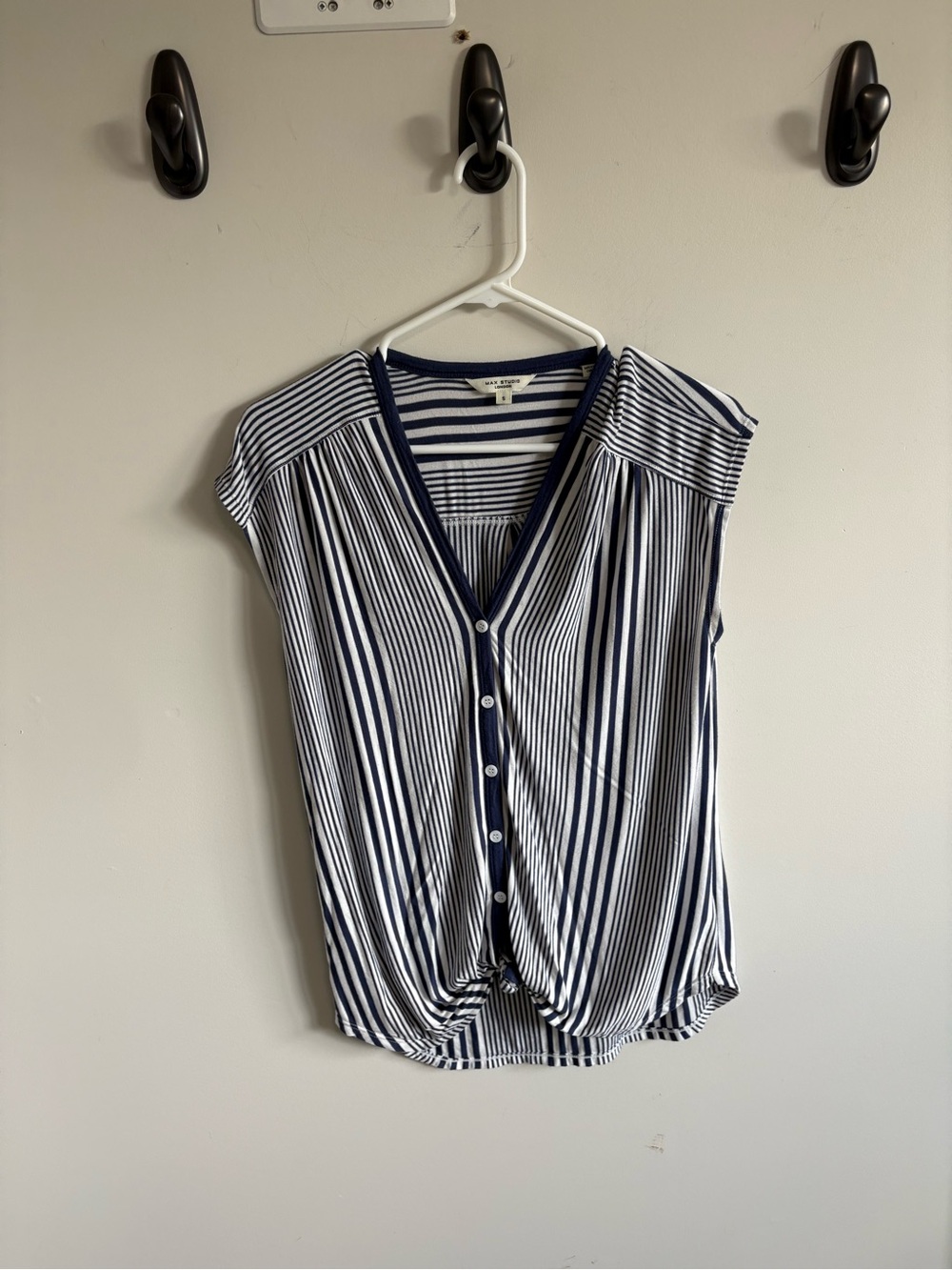Max Studio Navy and White Striped V-Neck Button Front Tunic